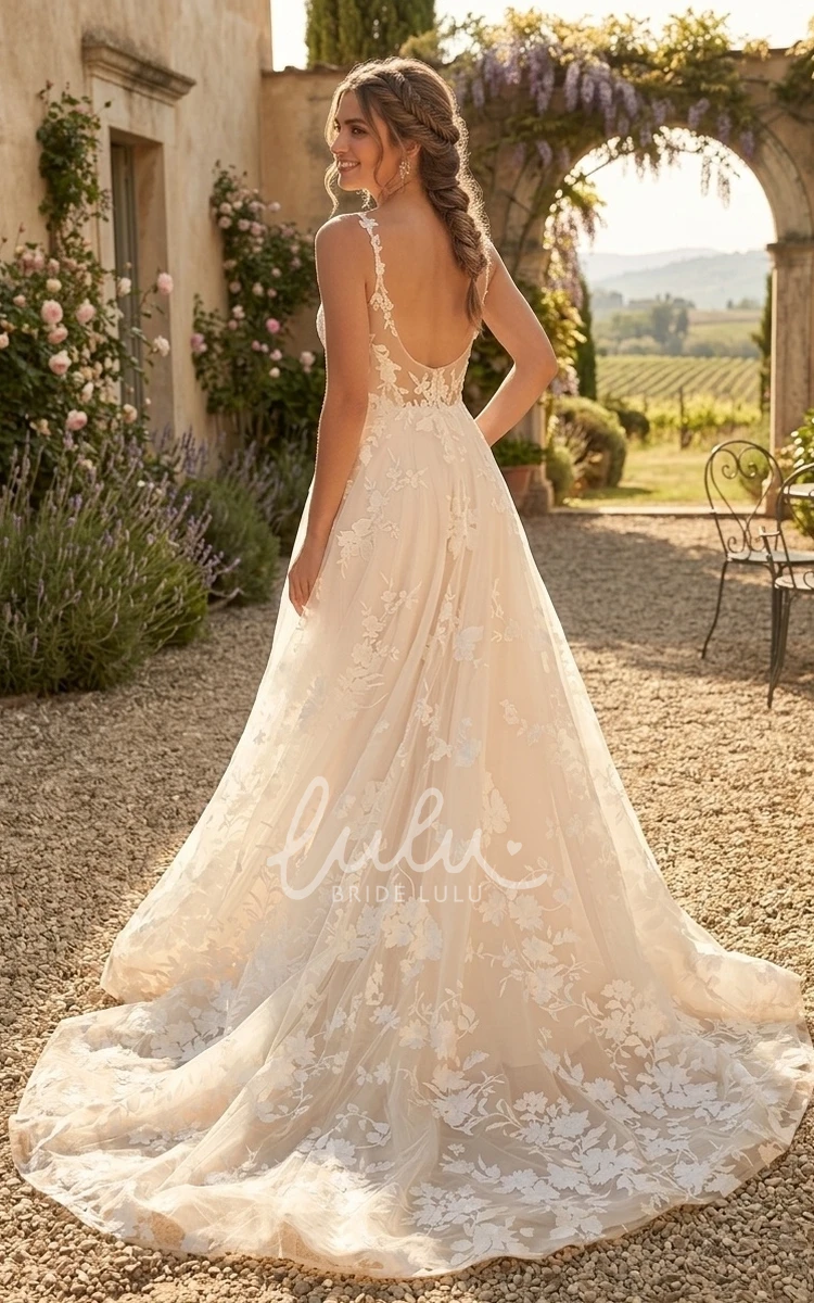 Flowy A-Line Modest Lace Spring Wedding Dress with Sexy Straps Open Back Sweep Train
