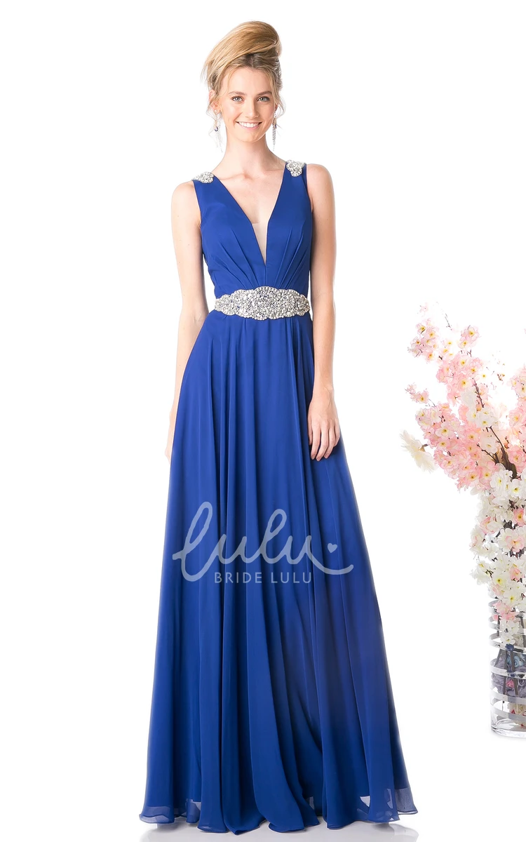 V-Neck Chiffon Pleated Formal Dress with Waist Jewelry A-Line Style