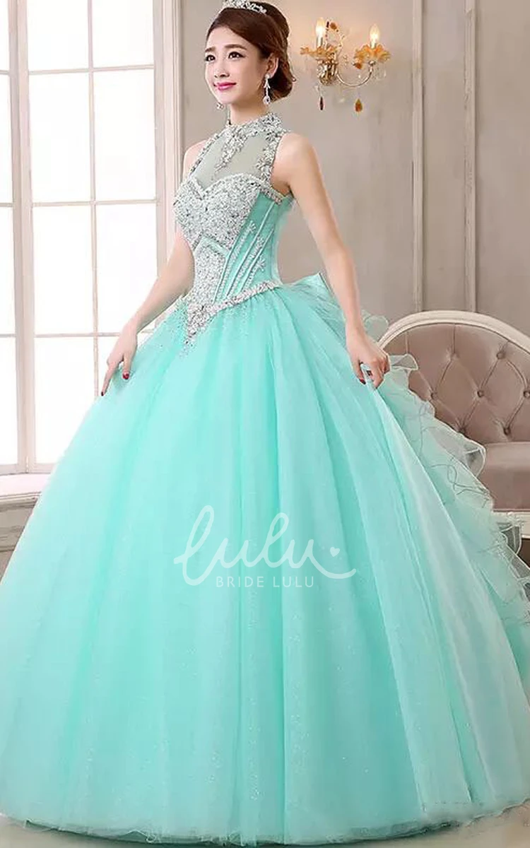 Ball Gown Organza Tulle Prom Dress with Beading and Ruffles Sleeveless and High Neck