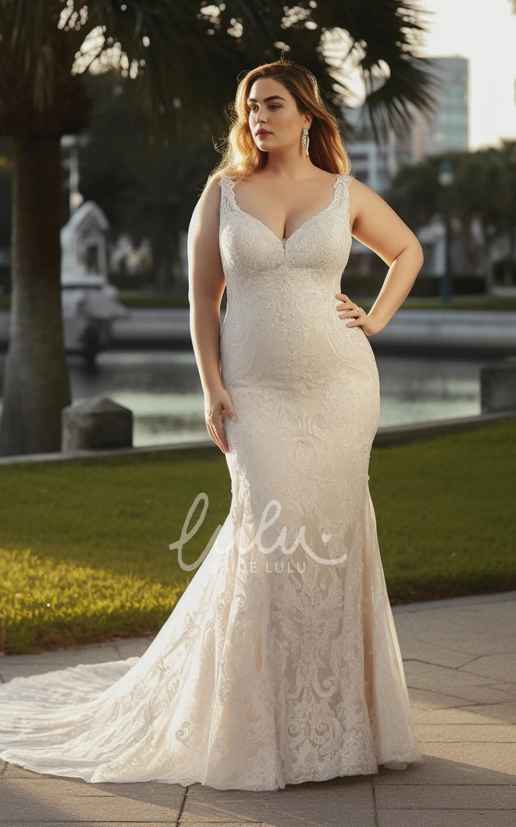 2024 Plus Size Mermaid Lace Tulle Wedding Dress Sleeveless Court Train Country Garden