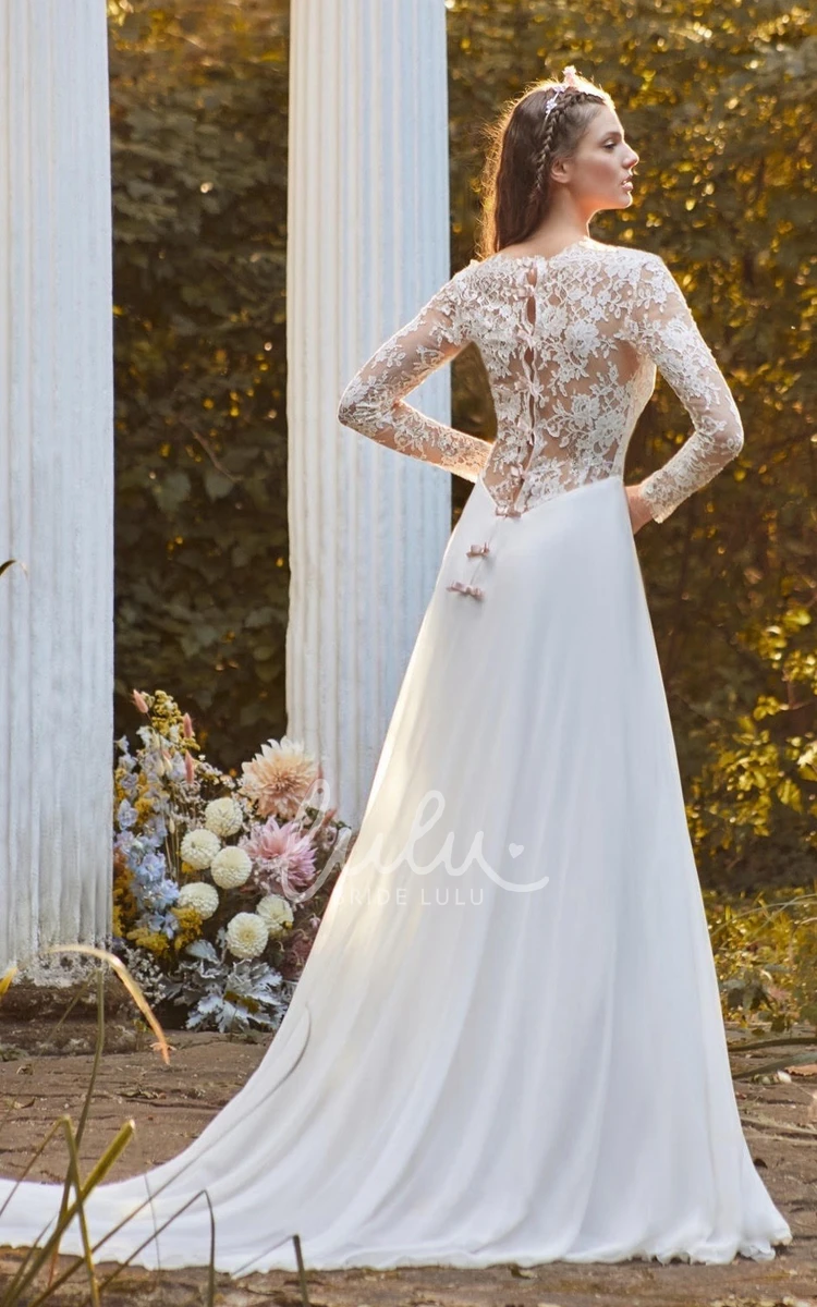 Chiffon A-Line Wedding Dress with V-Neck Button Back and Appliques Casual and Elegant