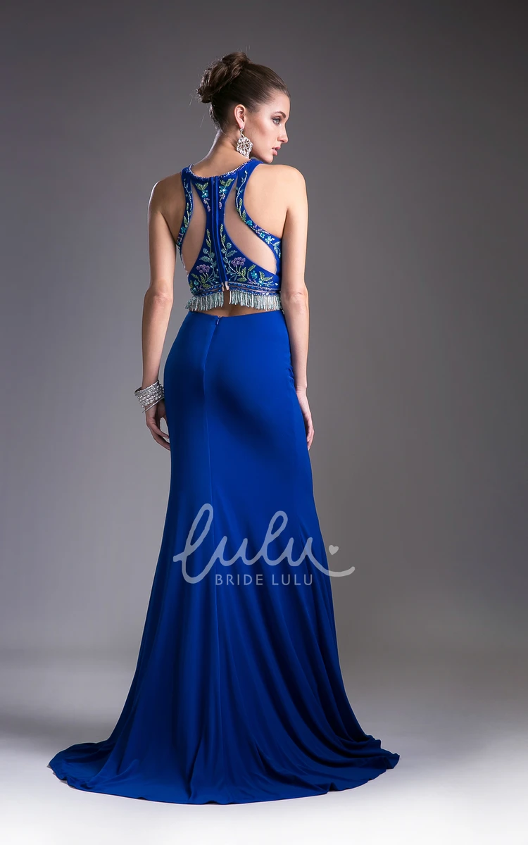 Two-Piece Jewel-Neck Jersey Prom Dress with Appliques and Zipper