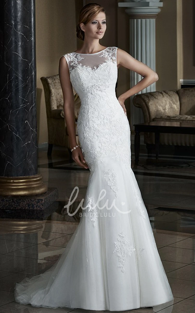 Sleeveless Trumpet Scoop-Neck Tulle&Lace Wedding Dress with Appliques Modern Wedding Dress