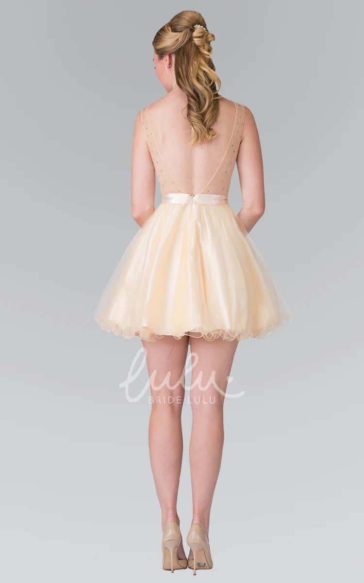 Short Scoop-Neck Sleeveless Tulle Satin Dress With Bow A-Line Bridesmaid Dress