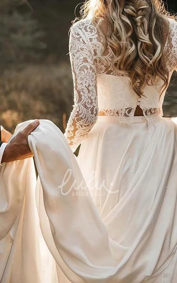 Modest Two-Piece Satin Lace Wedding Dress with Long Sleeves and Button Illusion