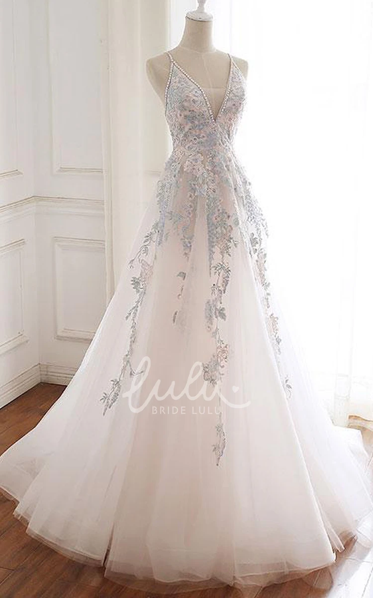 Beaded A-Line Sleeveless Prom Dress Simple Tulle Plunging Neckline Brush Train Evening Gown