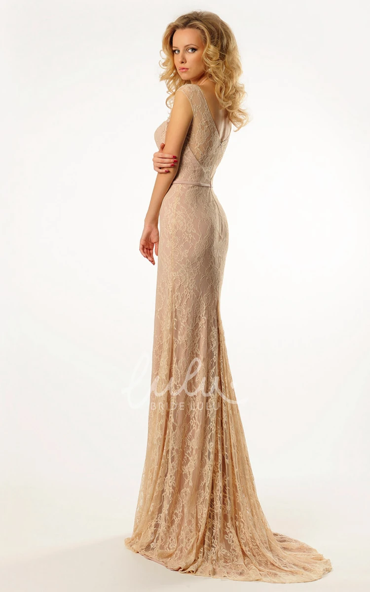 Low-V Back Lace Prom Dress with Sweep Train Sleeveless Pencil Floor-Length