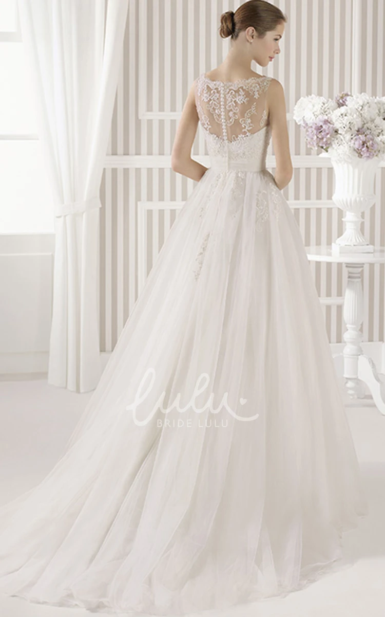 Maxi Appliqued Scoop Tulle&Satin A-Line Wedding Dress with Illusion Back Unique Bridal Gown