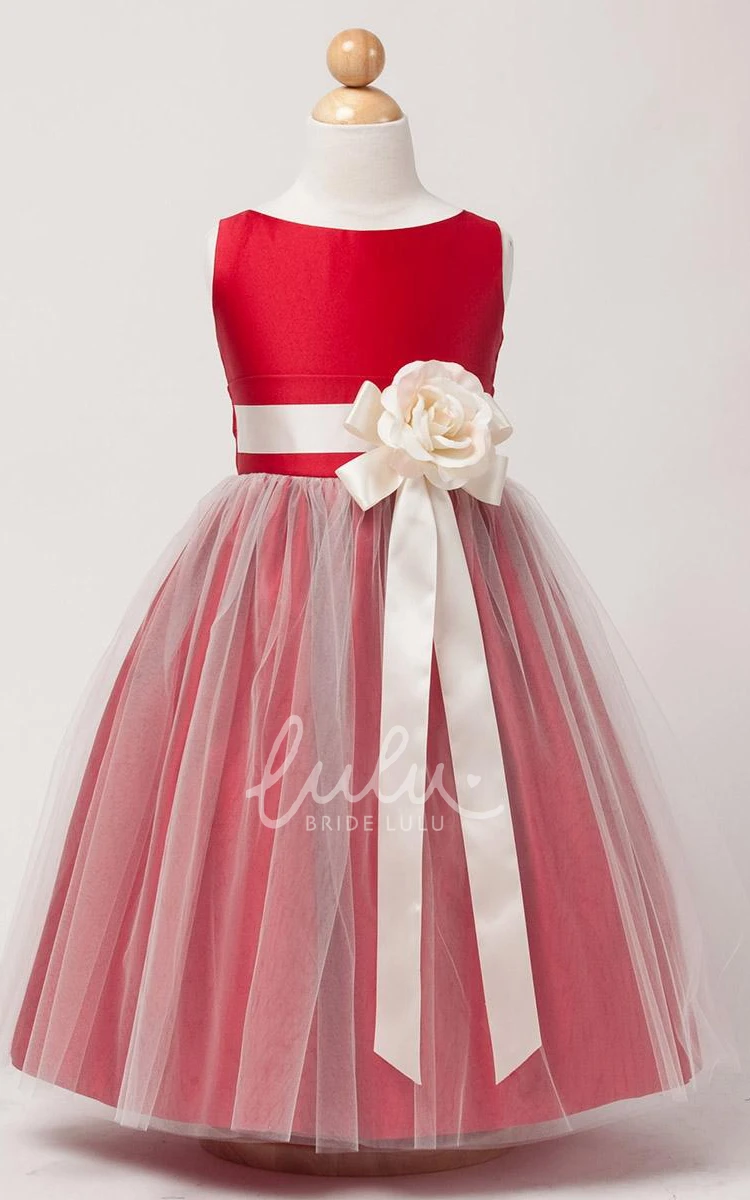 Tiered Satin and Tulle Flower Girl Dress Tea-Length