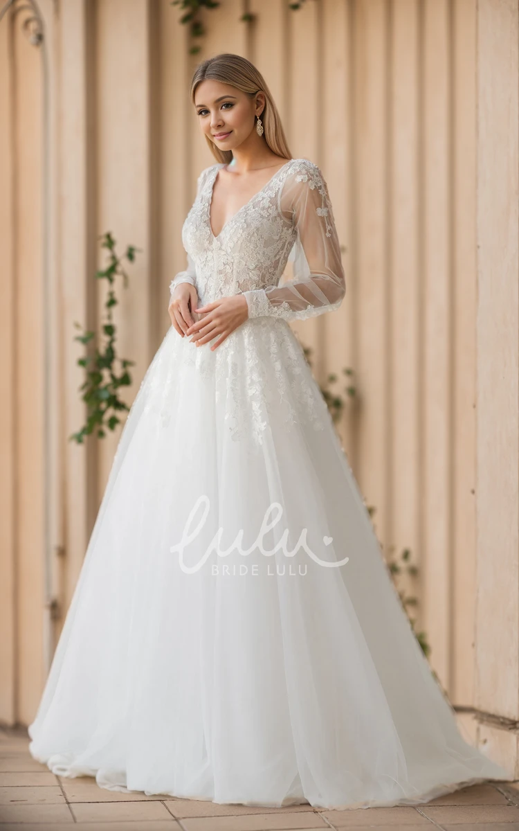 Flowy Elegant A-Line Bohemian Sheer Long Sleeve Winter Wedding Dress Airy Princess V-Neck Low-V Back Tulle Bridal Gown with Train