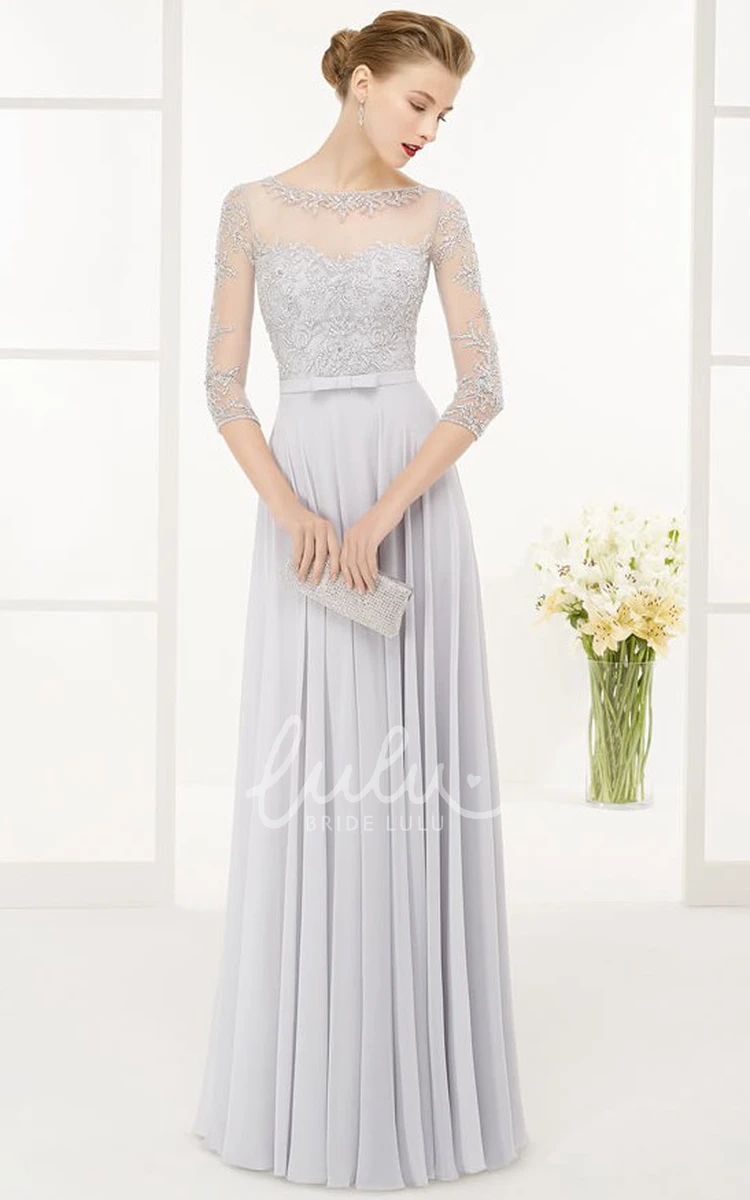 Beaded A-Line Chiffon Prom Dress Floor-Length Jewel Neck 3/4 Sleeves
