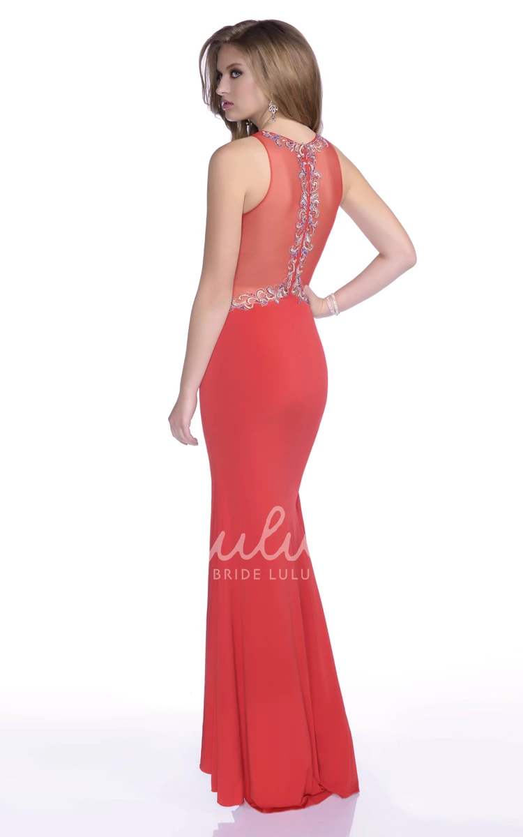 Long Sleeveless Prom Dress with Beaded Trim Mermaid Jersey Side Slit