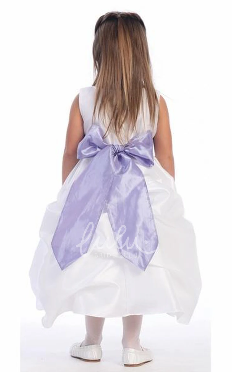 Ruched Taffeta Tea-Length Flower Girl Dress with Sash Unique Prom Dress