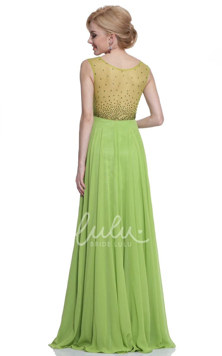 Maxi V-Neck A-Line Prom Dress with Beading and Pleats Sleeveless Empire Chiffon Illusion
