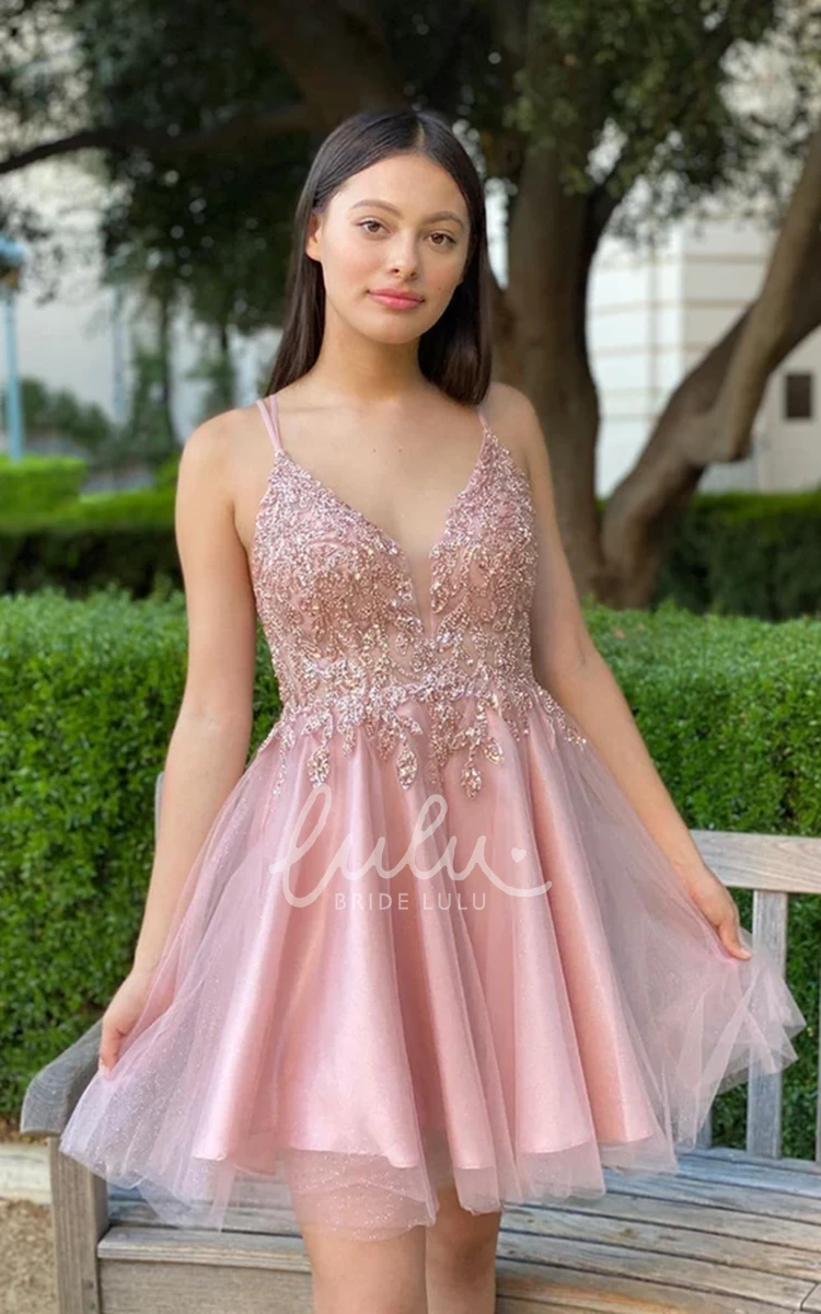 Plunging Neckline Lace Short Homecoming Dress with Appliques in A Line Style