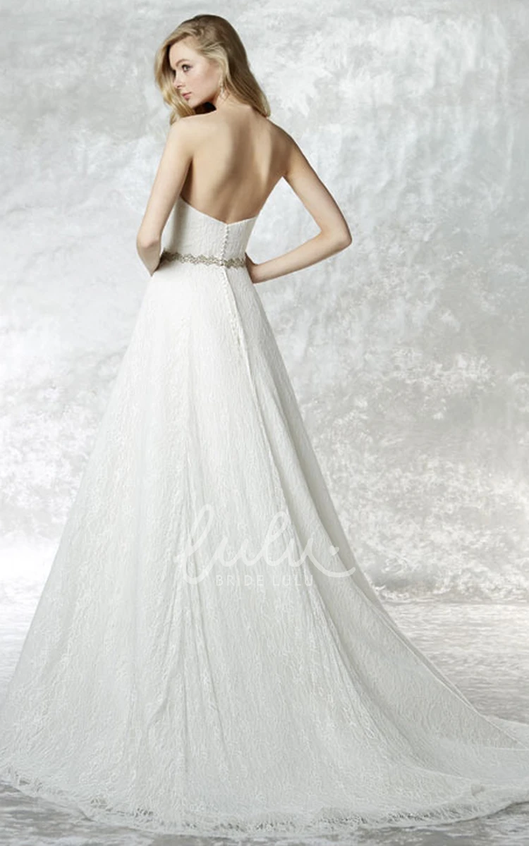 Strapless A-Line Lace Wedding Dress with Jeweled Detailing and Brush Train