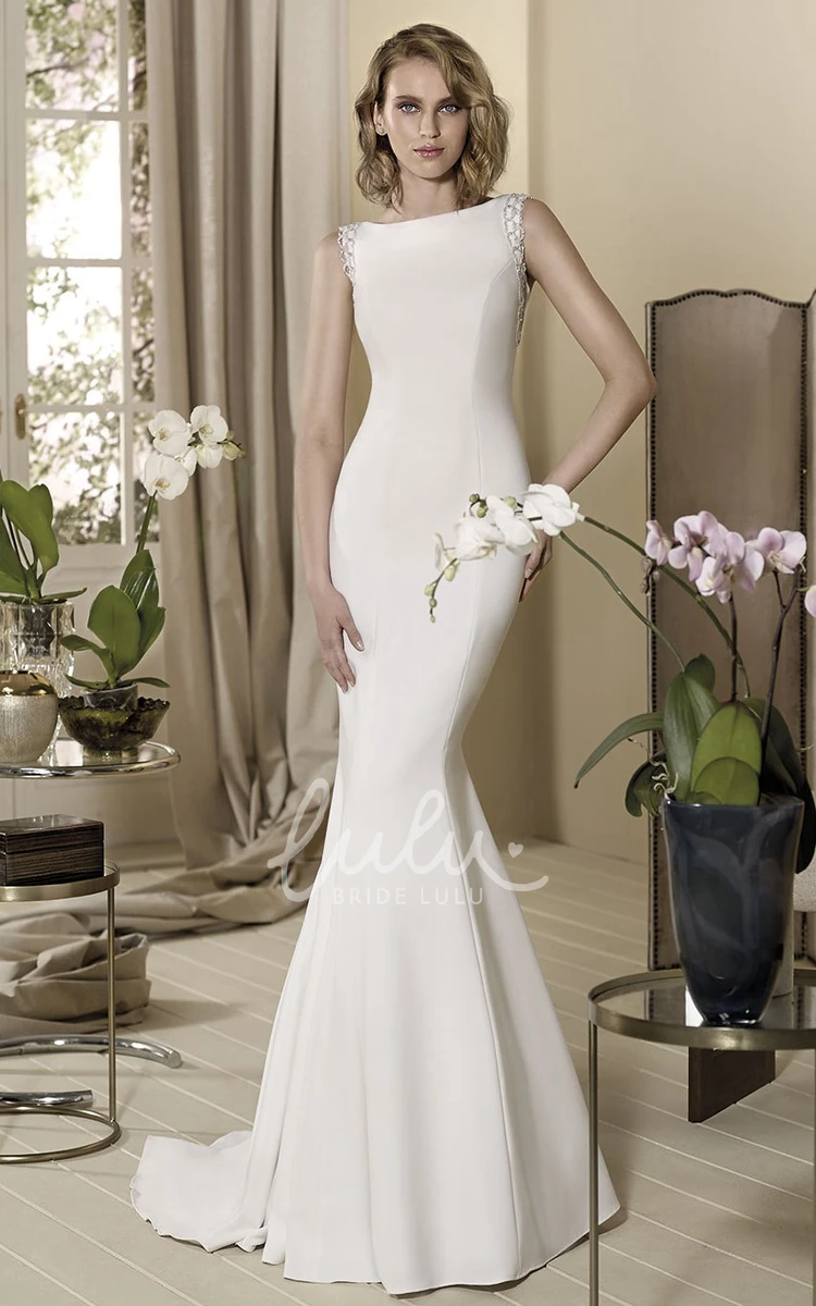 Beaded Sleeveless Sheath Wedding Dress with Bateau-Neck and Floor-Length