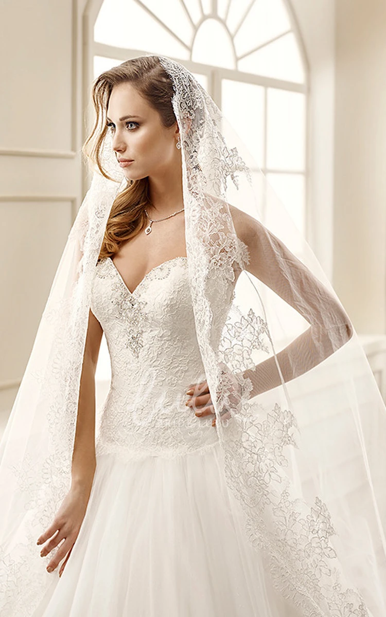 Beaded Tulle A-Line Wedding Dress with Court Train Sweetheart Neckline