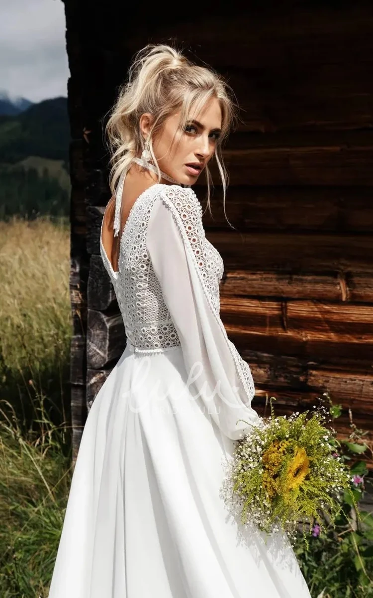 Boho Lace Chiffon Plunging V-neck A-Line Wedding Dress Country Romantic Solid Puff Long Sleeve Floor-length Low-V Back Bridal Gown with Train