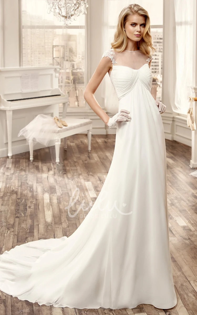 Chiffon Long Wedding Dress with Cap Sleeves and Pleated Bust Elegant