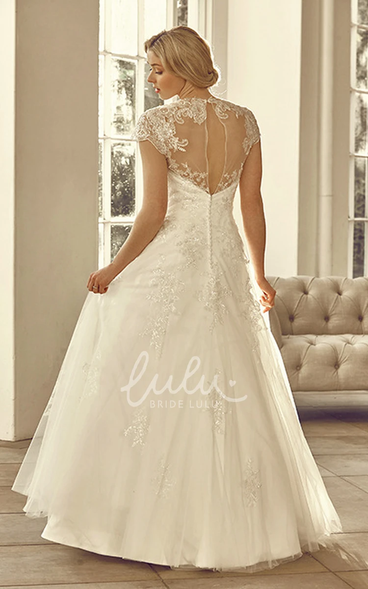 Illusion Tulle&Lace Cap-Sleeve V-Neck Wedding Dress Long