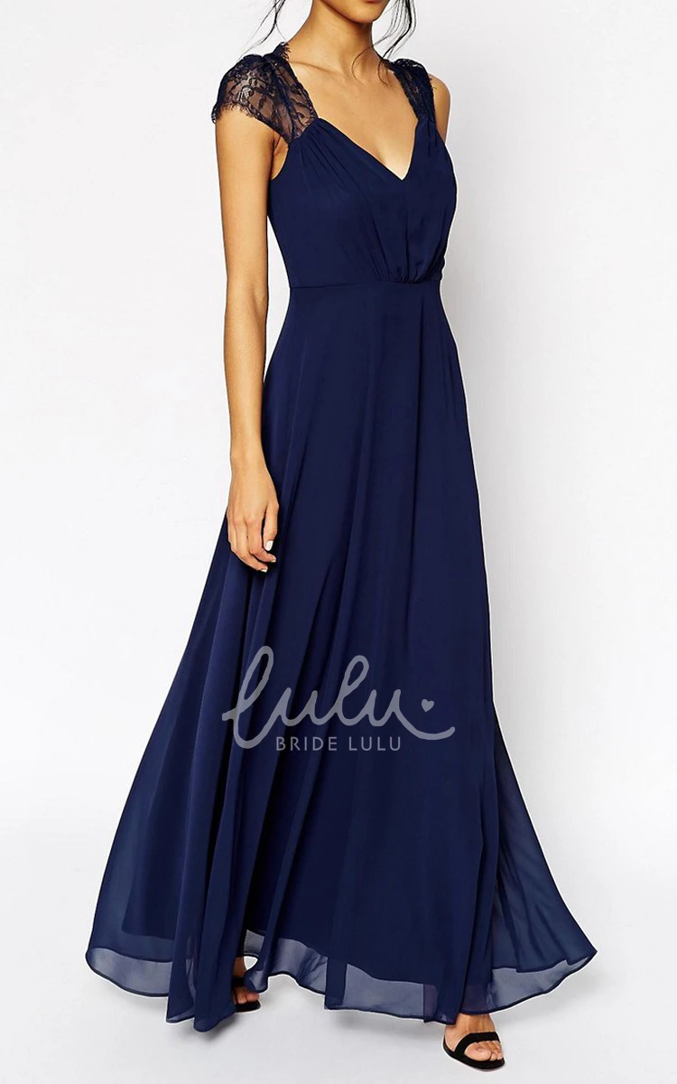 Cap-Sleeve Lace Chiffon Bridesmaid Dress with Ruching A-Line Floor-Length