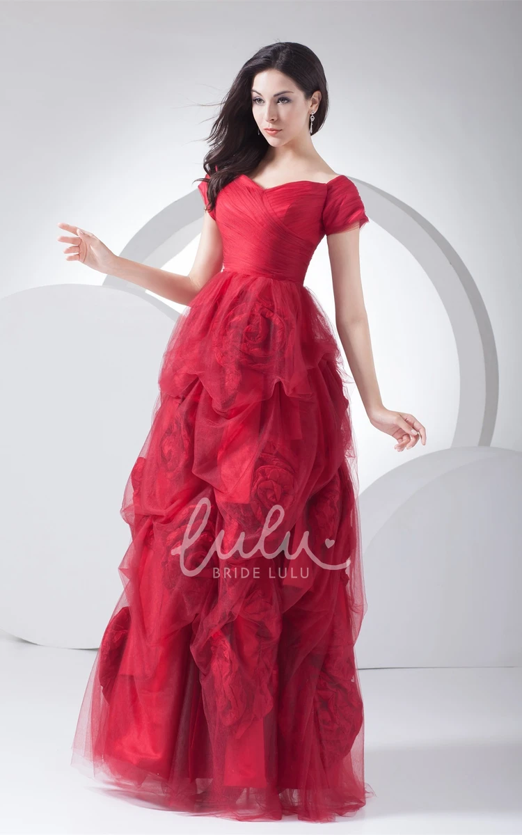 Short-Sleeve A-Line Tulle Prom Gown with Ruffles Prom Dress