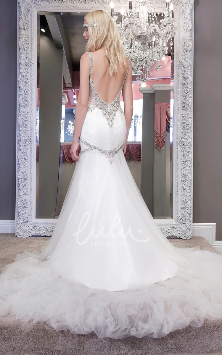 A-Line Beaded Tulle Wedding Dress with Backless Style and Ruching Simple and Classy Bridal Gown