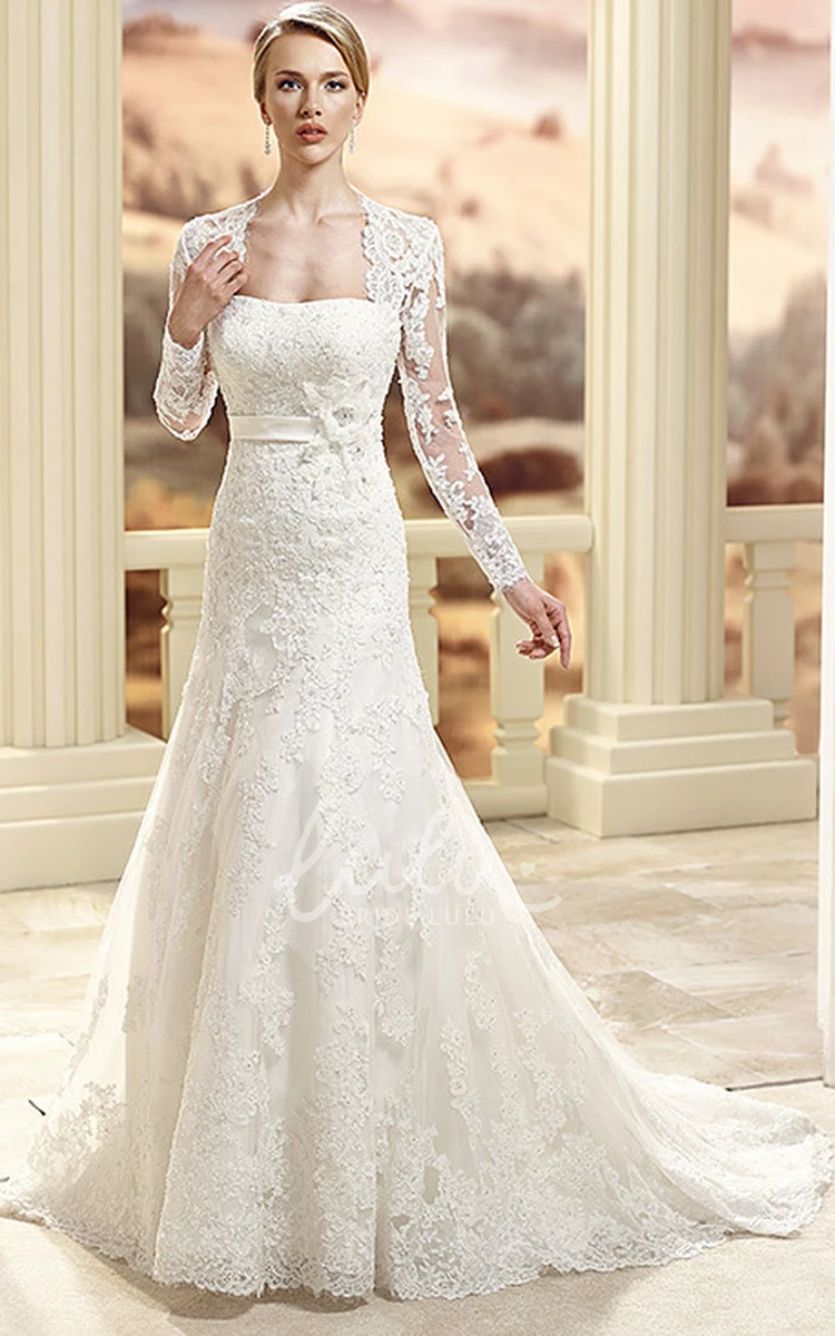 Maxi Strapless Appliqued Lace Sheath Wedding Dress with Flower and Cape