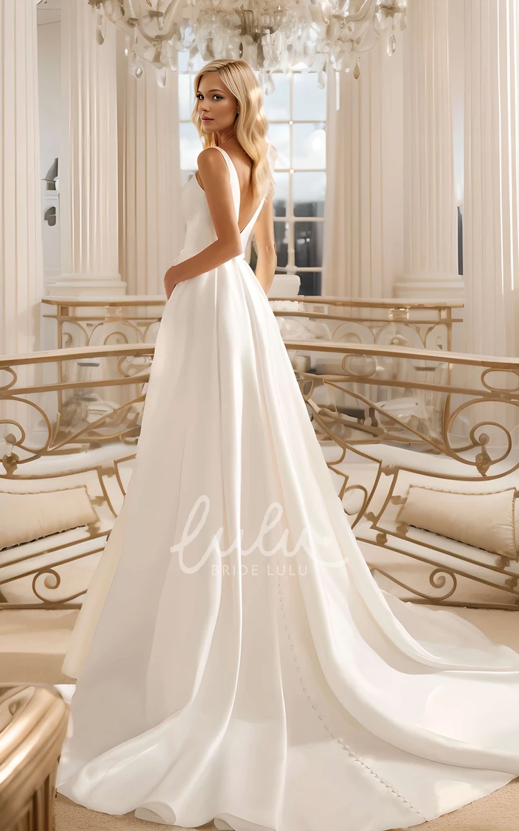 Sexy Minimalist A-Line Wide Strap Split Front Wedding Dress Formal Modern Low Back Count Train Pleated Bridal Gown