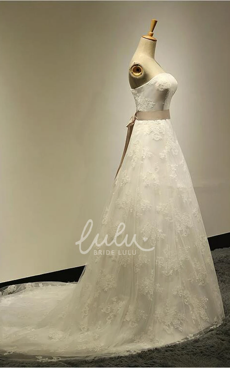 Simple Long Strapless A-line Wedding Dress With Sash And Court Train
