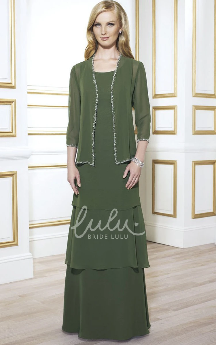 Beaded Chiffon Mother Of The Bride Dress with 3-4 Sleeves and Scoop Neckline