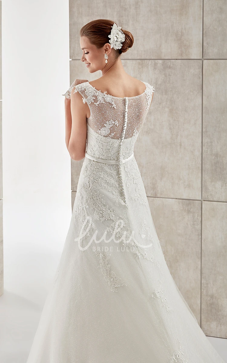 Lace Applique Illusion A-line Wedding Dress with Cap Sleeves