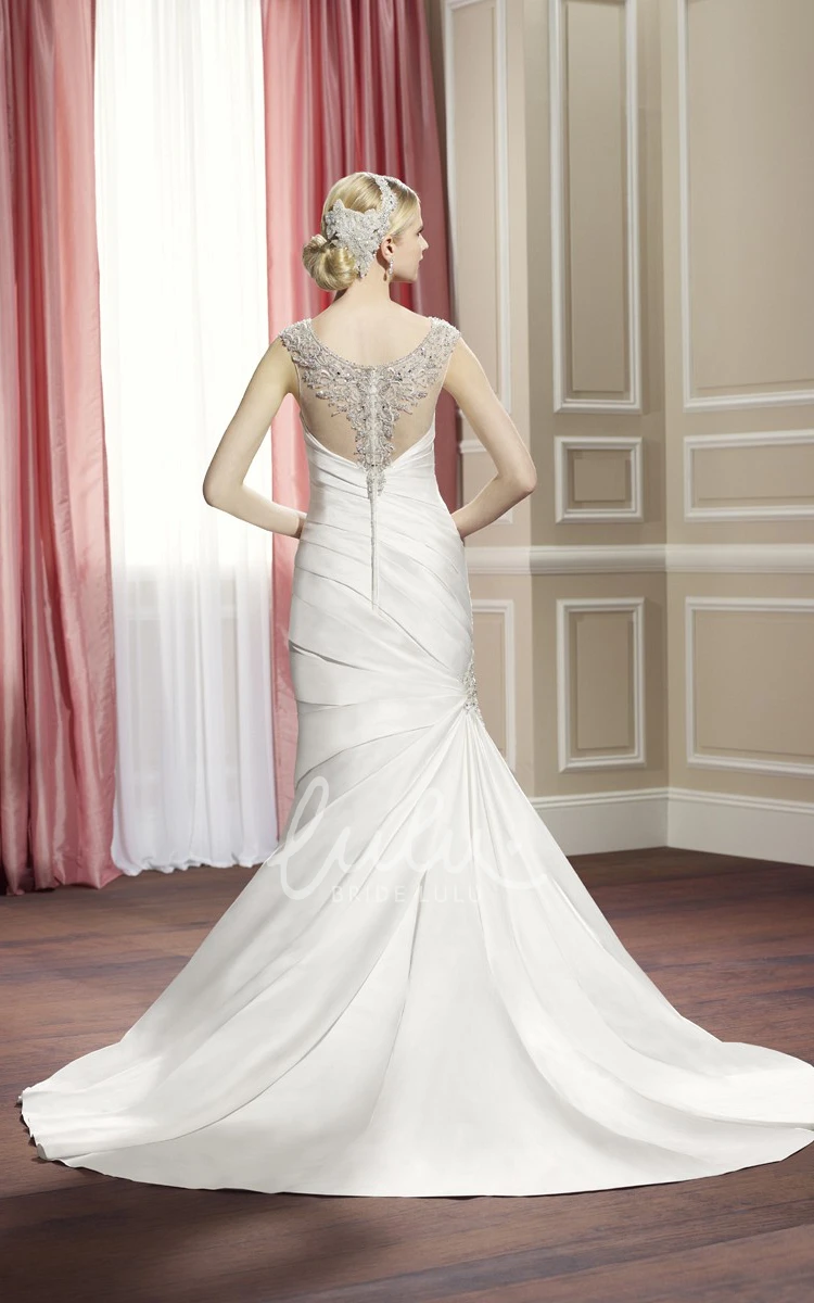 Satin Sheath Sleeveless Wedding Dress with Side Draping and Illusion Back