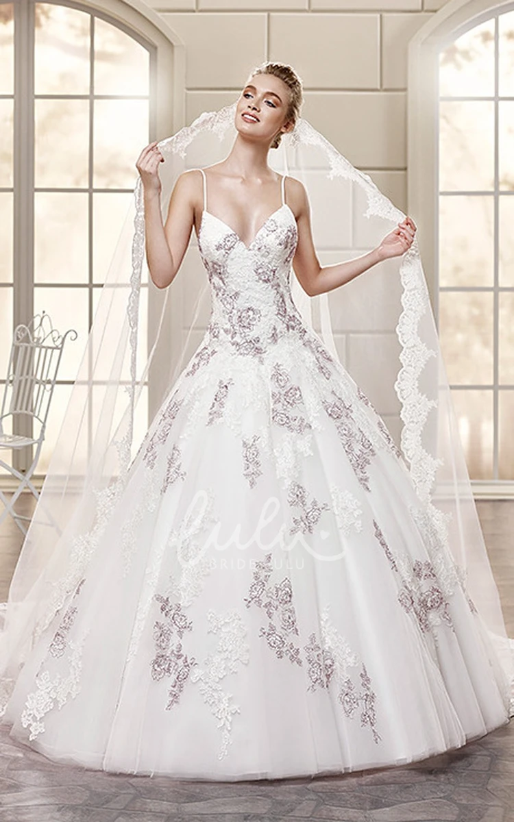 Lace Appliqued Spaghetti Strap Ball Gown Wedding Dress