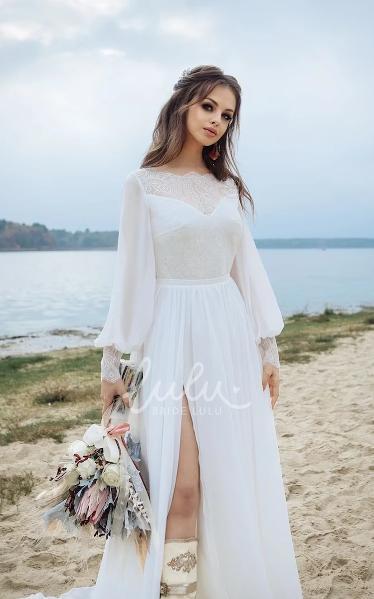 A-Line Chiffon Wedding Dress with Poet Sleeves and Keyhole Back for Country Garden Wedding Simple Unique