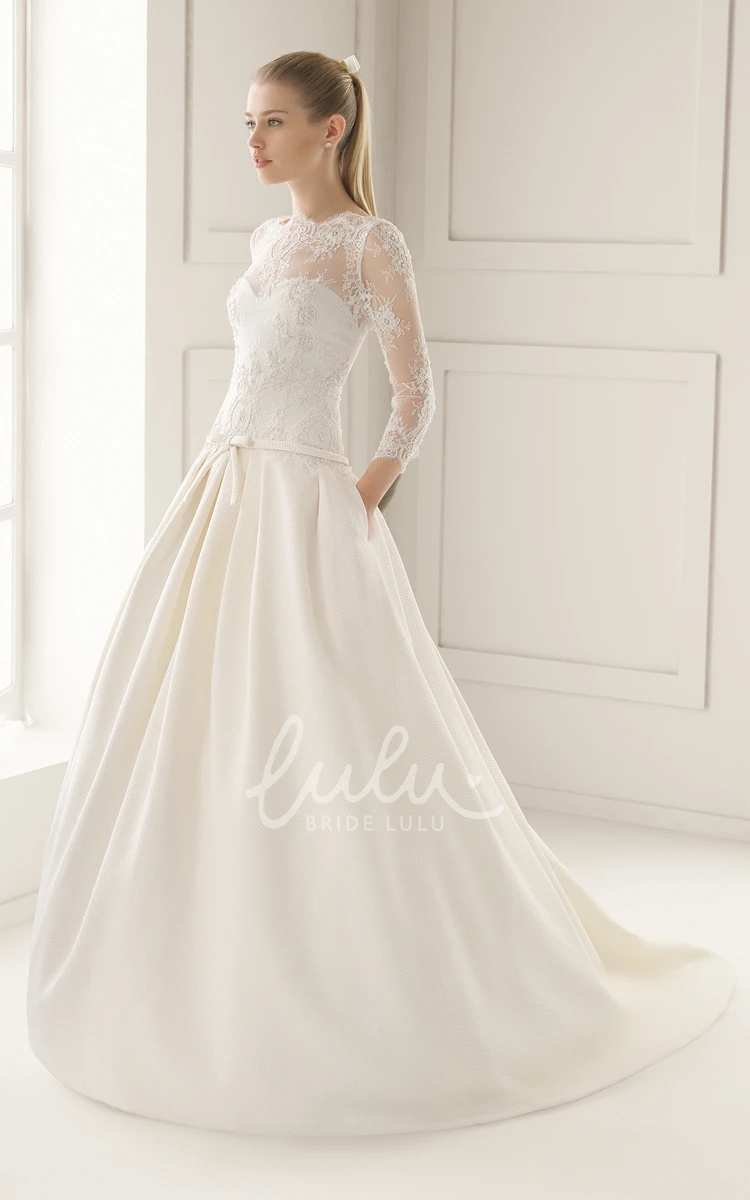 Illusion Neck and Back Satin Wedding Dress with Lacy Bodice