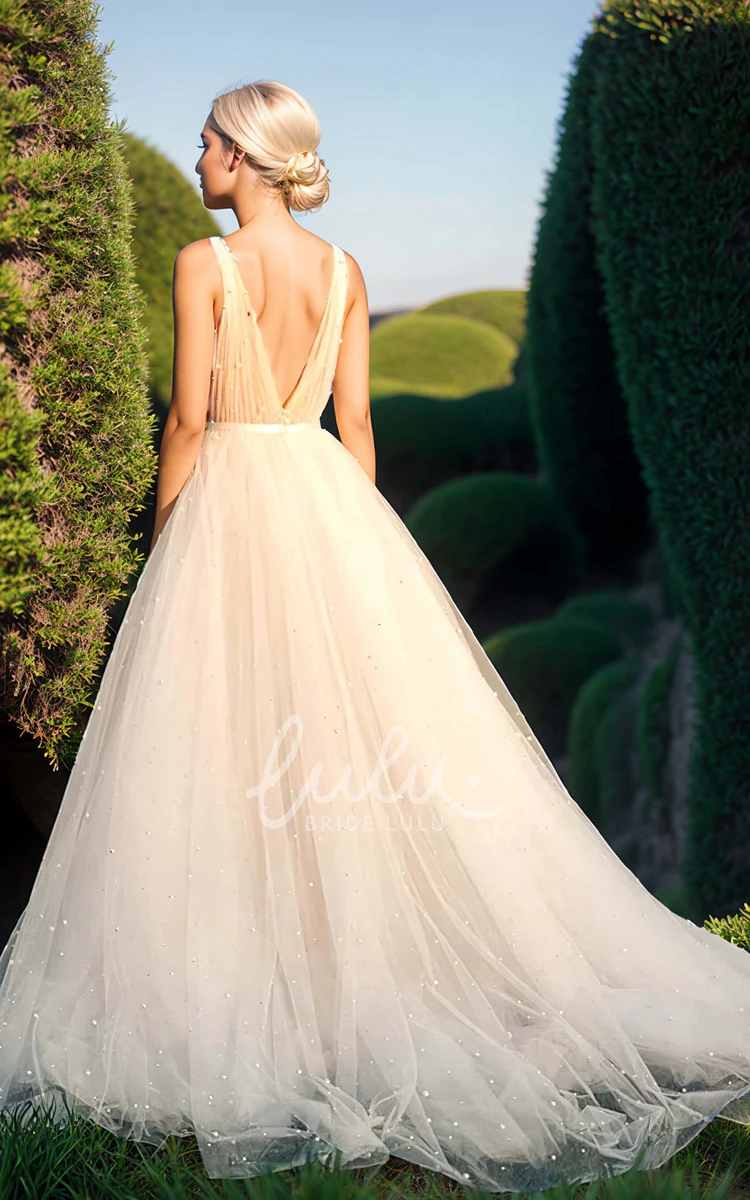 Glamorous A-Line Plunging Neckline Straps Tulle Wedding Dress Ethereal Elegant Plus Size Floor-length Sleeveless Backless Beaded Bridal Gown with Sash