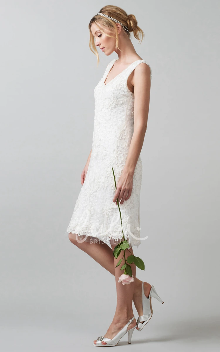 Lace Wedding Dress with V Back Appliqued Midi V-Neck