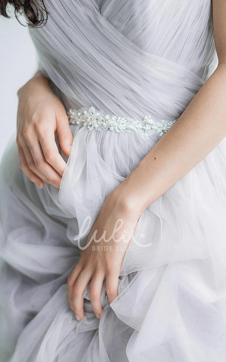 A-Line Tulle Spaghetti Dress with Criss Cross and Waist Jewelry Wedding Dress