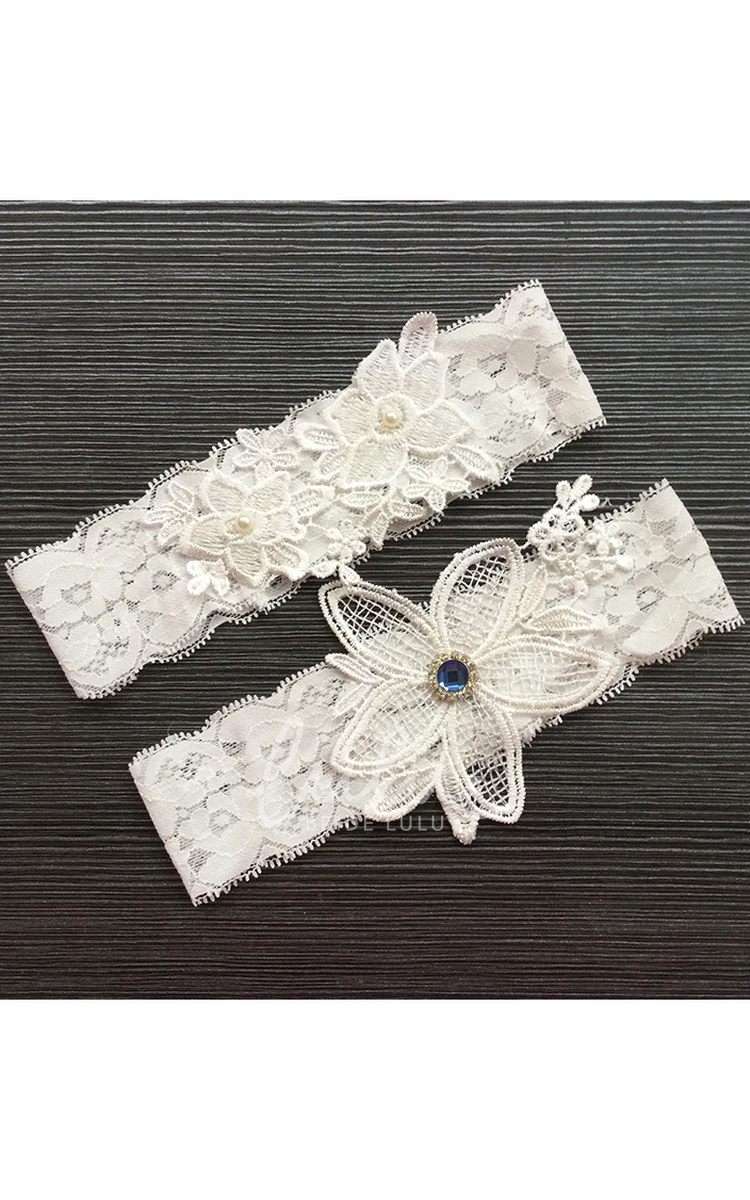 Blue Gem Flower Lace Two-Piece Garter Set Bridesmaid Dress Accessory
