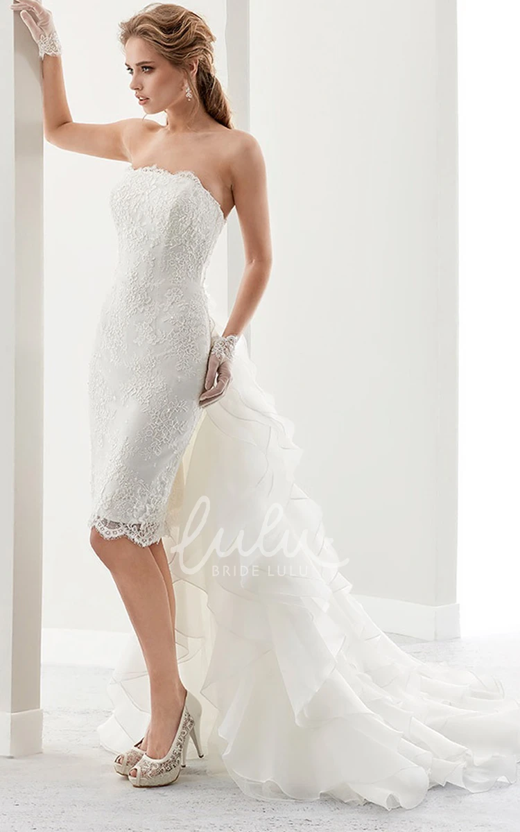 Short Lace Dress with Strapless Bodice and Detachable Ruffled Train