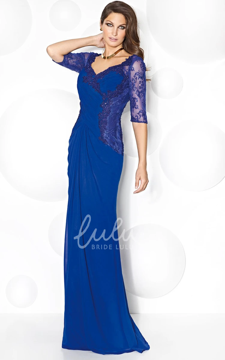 Sheath Mother Of The Bride Dress with V-Neck and Half Sleeves in Appliqued Chiffon