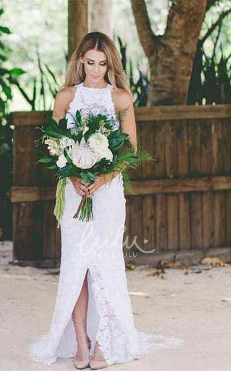 Lace High Neck Open Back Wedding Dress Sheath Style