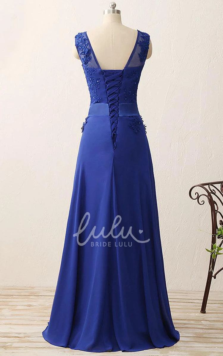 Illusion Applique Prom Dress with Cap Sleeves and A-Line Shape