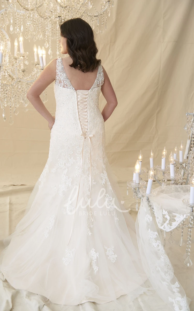 Long-Sleeveless Lace A-Line Plus Size Wedding Dress with Appliques Classy Bridal Dress