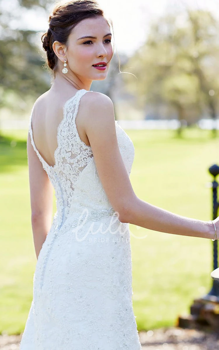 Sleeveless V-Neck Lace Wedding Dress with Waist Jewelry Sheath Bridal Gown