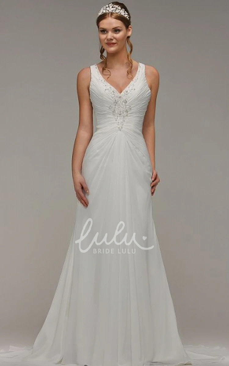 V-Neck Beaded Chiffon Wedding Dress with Ruching and Keyhole Flowy Wedding Dress