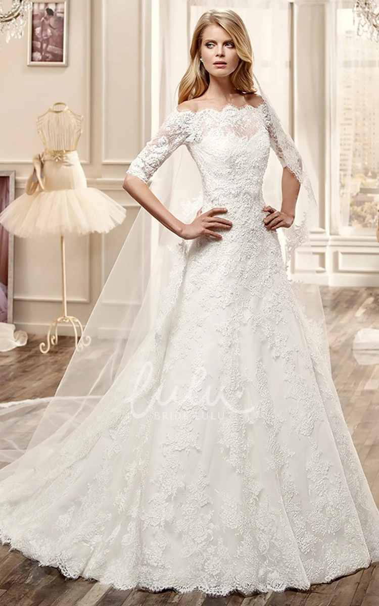 Lace Off-Shoulder Wedding Dress with Appliques and Half Sleeves Elegant Bridal Gown