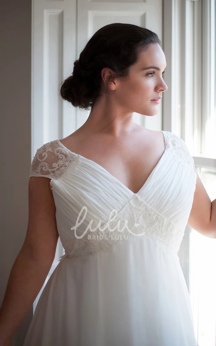 A-Line Chiffon Beaded Wedding Dress with V-Neck and Short Sleeves